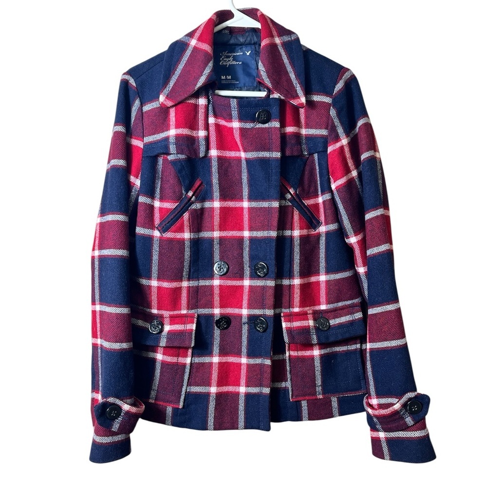 American Eagle Wool Blend Plaid‎ Peacoat Jacket Size M Preppy Cottagecore Y2K
